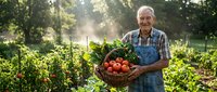 Senior Caucasian male farmer in overalls holding wicker basket full of fresh organic vegetables in sunny garden. Sustainable agriculture and healthy lifestyle.