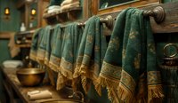 Luxurious green and gold decorative towels with ornate patterns and fringe hanging on wooden rack in spa setting, creating elegant bathroom ambiance.