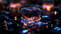 Futuristic glowing cube with digital circuit patterns floating above cyberpunk cityscape at night, orange and blue neon lights create dramatic technological atmosphere.