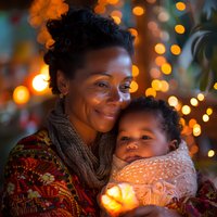 African American mother holding infant wrapped in knitted blanket against warm holiday bokeh lights background.