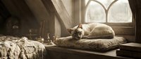 Tabby cat resting on windowsill in rustic room with natural light streaming through arched window, vintage interior design setting.