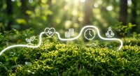 Green moss forest floor with glowing white icons showing environmental sustainability symbols including recycling, energy, time and meditation in nature.