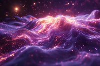 Magical cosmic waves with glowing purple and pink nebula particles floating in space, creating ethereal light streams against dark starry background.