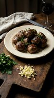 Homemade meatballs with fresh herbs on rustic wooden table with red wine glass, cozy dinner setting for restaurant menu or cooking blog content.