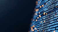 Digital binary code pattern with glowing orange light effects on dark background, computer programming data visualization for technology and software development.