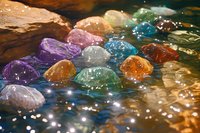 Colorful healing crystals and gemstones in water with sunlight reflections creating magical sparkles and bokeh effect. Spiritual wellness concept.