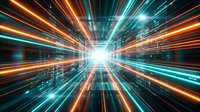 Abstract digital tunnel with glowing orange and blue light streaks radiating from bright center point creating futuristic speed motion effect for technology backgrounds.