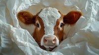 Young brown and white Guernsey calf with large expressive eyes peering through white fabric, creating dramatic lighting effect and emotional connection. Close-up portrait shows detailed fur texture.