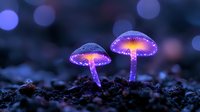 Glowing purple mushrooms with bioluminescent stems emerging from dark soil against blurred bokeh background, creating magical forest atmosphere.