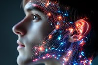 Profile of young woman with glowing neural network pattern overlay in red and blue lights against dark background, representing artificial intelligence and brain technology.