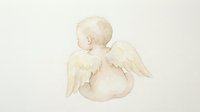 Watercolor baby angel with wings sitting peacefully, soft pastel tones on light background for nursery decor, greeting cards, and spiritual artwork.