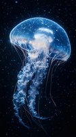 Luminescent jellyfish floating in dark starry waters, glowing with ethereal blue light and trailing delicate tentacles through cosmic-like space. Artistic marine life study.