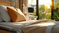 Empty hospital bed with orange pillow in sunlit room with medical equipment and monitoring device, warm morning light streaming through window creates peaceful atmosphere.