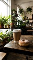 Coffee cup with donut on wooden table in bright cafe interior with hanging potted plants and natural window light, suitable for food and beverage, lifestyle, and hospitality design projects.
