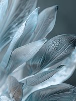 Delicate flower petals in soft blue tones with intricate vein patterns create ethereal macro composition, highlighting natural textures and organic forms in dreamy light.