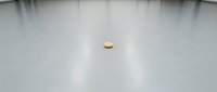 Single gold pill or capsule floating on white surface with soft shadows and minimalist composition.