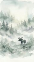 Watercolor moose silhouette in misty forest landscape with evergreen trees and soft green tones for nature-themed designs and home decor.