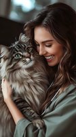 Young woman with long brown hair embracing fluffy Maine Coon cat. Close-up portrait showing genuine joy and connection between pet owner and feline companion.