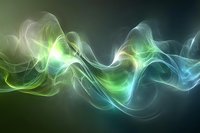Abstract flowing waves of green and blue light against dark background, creating ethereal smoke-like patterns with glowing highlights.
