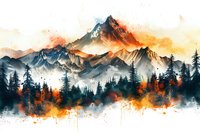Dramatic mountain landscape with snow-capped peaks and autumn forest in watercolor style, orange sunset sky and misty atmosphere creates moody wilderness scene.