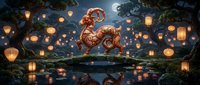Ornate bronze lion statue illuminated by glowing lanterns in mystical forest setting with full moon and reflective water surface creating magical atmosphere.