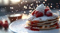 Fresh pancakes stack topped with whipped cream, ripe raspberries and powdered sugar in morning sunlight with bokeh effect and warm atmosphere.