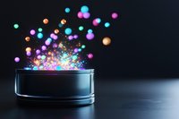 Glowing colorful particles bursting from metallic container on dark background, creating magical atmosphere with vibrant spheres of light floating upward.