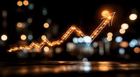 Glowing upward arrow chart with light trail effect against dark background with bokeh lights, representing business growth and financial success.