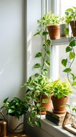 Indoor plant collection with trailing pothos and leafy houseplants in terracotta pots arranged on bright windowsill for home gardening and interior decor.