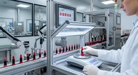 Female scientist in white lab coat operating automated pharmaceutical production line with red vials in sterile laboratory environment for quality control testing.
