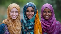 Three young women wearing colorful hijabs in gold, teal-orange, and magenta smile warmly at camera, representing diversity, friendship and modern Muslim lifestyle.