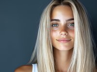 Young Caucasian woman with long blonde hair, blue eyes and freckles smiling naturally against dark background. Gentle lighting highlights facial features and creates soft shadows.