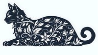 Decorative cat silhouette with intricate floral pattern and swirls inside, lying in relaxed pose. Black ornamental feline design isolated on white background for craft projects.