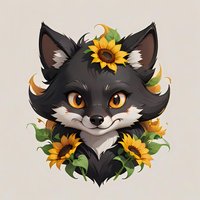 Adorable black fox character with bright amber eyes surrounded by vibrant sunflowers and green leaves on neutral background, suitable for children's book illustration.