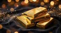 Stack of shiny gold bars on dark fabric with sparkling bokeh lights creating luxury investment and wealth concept for financial marketing materials.