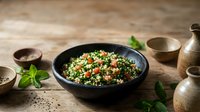 Fresh tabbouleh salad with parsley, tomatoes and bulgur wheat in dark bowl on rustic wooden table with herbs and ceramic dishes for healthy dining.