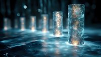 Magical glowing glass cylinders with sparkling lights and stardust floating in mystical blue atmosphere creating ethereal scene with reflective surface.