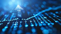Glowing blue digital technology pattern with circuit board elements and bokeh light effects in dark background, representing data connectivity and innovation.