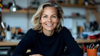 Confident mature blonde woman in black sweater smiling at camera while working from home office, showing genuine happiness and professional success.