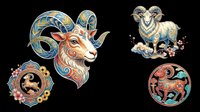 Ornate Chinese zodiac ram set with decorative floral details, isolated on transparent background. Great for stickers, T-shirt design, print on demand, and sublimation.