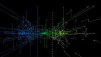 Digital network visualization with glowing blue and green connection lines on black background for technology and data concepts.