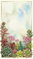 Watercolor succulent garden frame with gold border on textured paper background for wedding invitations, greeting cards and botanical stationery designs.