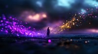 Silhouette of person standing amid magical purple and gold light particles against dark sky, creating dreamy atmospheric scene for fantasy and spiritual concepts.