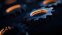 Glowing orange circuit ring surrounded by luminescent blue particles on dark background creates futuristic technological atmosphere for tech and innovation concepts.