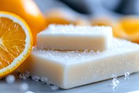 Creamy white soap bars with fresh orange slices and scattered salt crystals on light surface, macro shot showing texture details and natural ingredients for skincare.