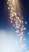 Digital network security concept with glowing connected nodes and shield lock icon on blue gradient background for cybersecurity presentations.