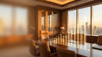Modern office interior with wooden furniture and large windows overlooking city skyline at sunset, featuring financial growth chart overlay for business analytics and corporate success concepts.