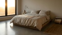 Cozy bedroom interior with unmade bed, neutral bedding, wooden floor, and warm sunlight streaming through large window at golden hour.