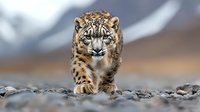 Majestic snow leopard walking on rocky terrain against blurred mountain landscape background, fierce predator with intense gaze and spotted fur pattern in natural habitat.