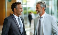 Two mature businessmen in suits smiling and engaging in friendly conversation in bright corporate office hallway, representing professional networking and workplace collaboration.